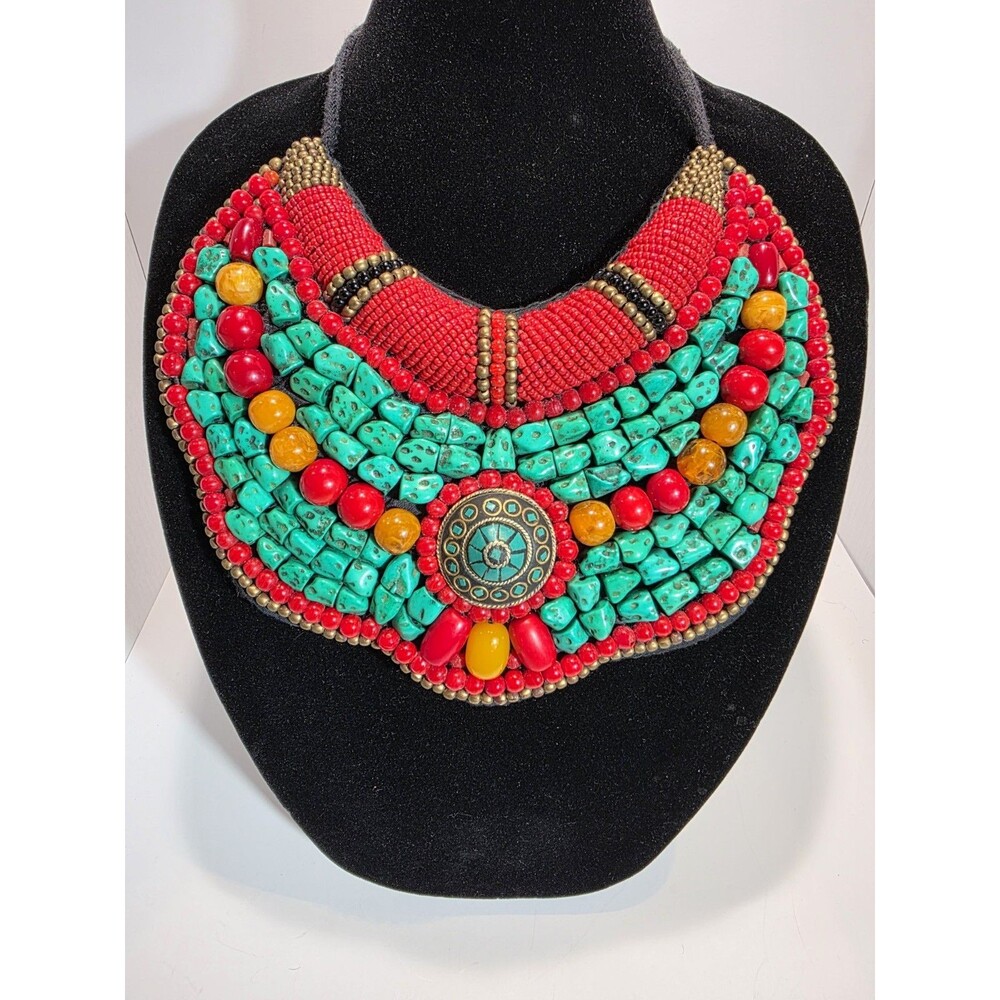 TIBETAN Beaded Bib Collar Necklace, turquoise coral, boho, gypsy, tribal, ethnic